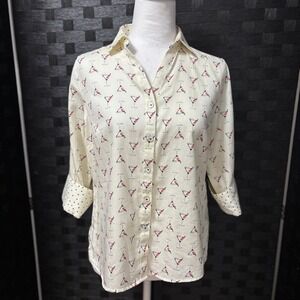 Foxcroft Button Down Shirt Cream Martini Glass Print Wrinkle Free Tailored 6P